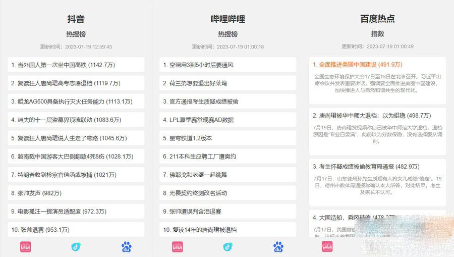 哔哩哔哩、抖音、百度热搜榜单页HTML源码